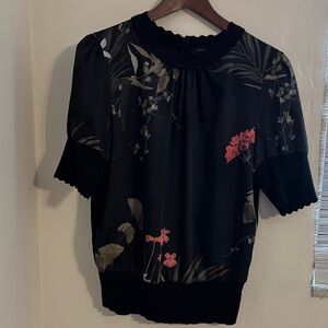 Ted Baker Black Floral Short Sleeve Blouse with Pink Accents